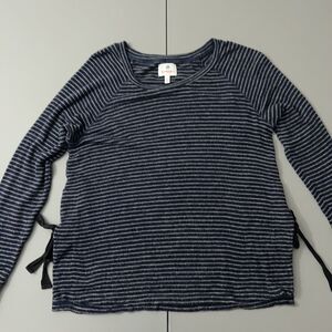 Sundry Top Women's XS Blue Long Sleeve striped Blouse side Slit Ties